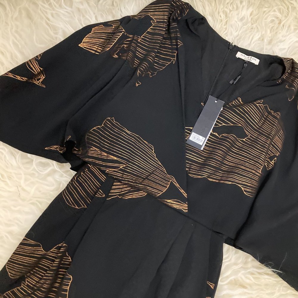 HALSTON HERITAGE Kimono-sleeve Faux-wrap Printed Dress In Black Antique - Picture 9 of 15